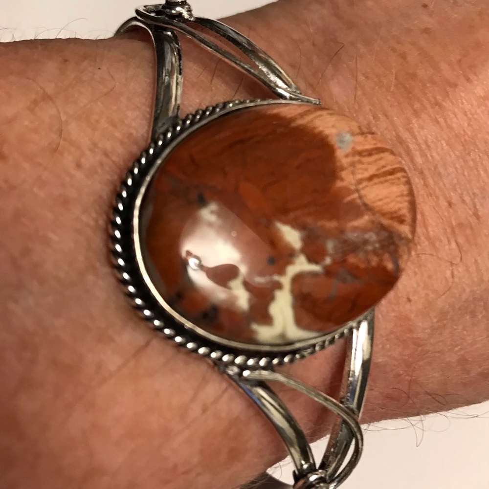 Red Jasper Stamped 925 Sterling Silver Cuff Bracelet